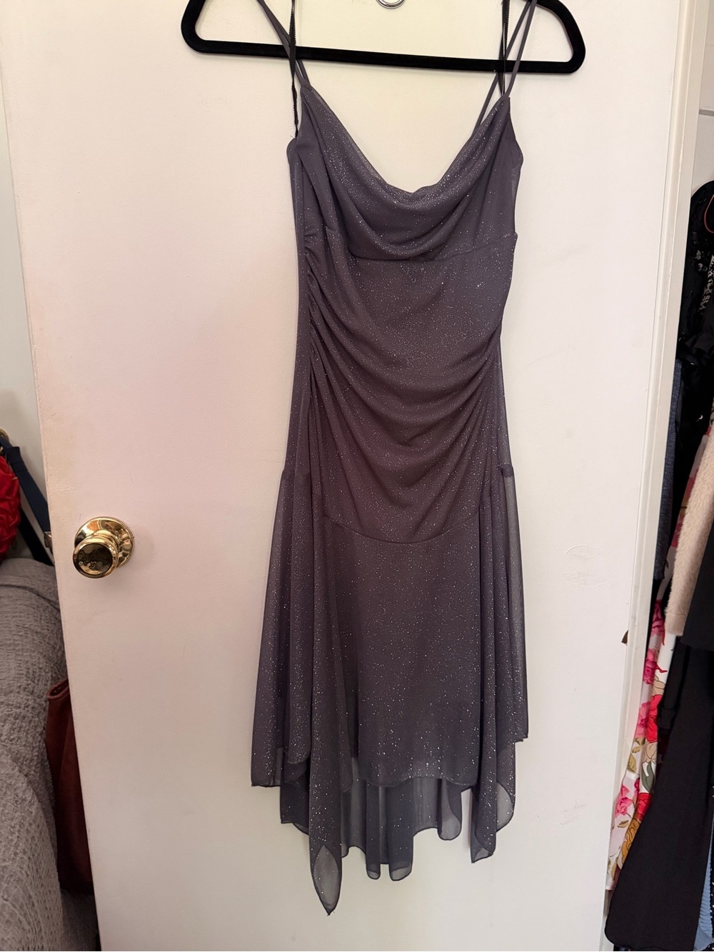 City Triangles Silver Gray Sparkle Cowl Neck High-Low Dress